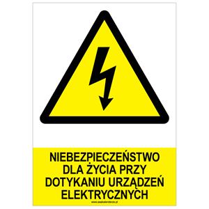 NIEBEZPIECZEŃSTWO DLA ŻYCIA PRZY DOTYKANIU URZĄDZEŃ ELEKTRYCZNYCH - znak BHP, płyta PVC A4, 2 mm