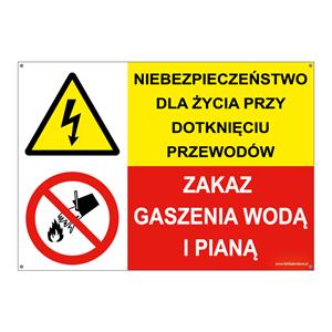 NIEBEZPIECZEŃSTWO DLA ŻYCIA PRZY... - ZAKAZ GASZENIA WODĄ I PIANĄ, ZNAK ŁĄCZONY, płyta PVC 2 mm z dziurkami, 297x210 mm