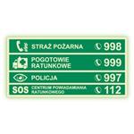 Numery alarmowe - fotoluminescencyjny znak, płyta PVC 1 mm 300x150 mm