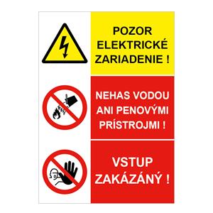 Pozor el. zariadenie-Nehas vodou-Vstup zakázaný, kombinácia, samolepka 210x297mm