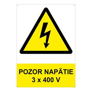 Pozor - napätie 3 x 400 V - bezpečnostná tabuľka s dierkami, plast 2 mm, A4