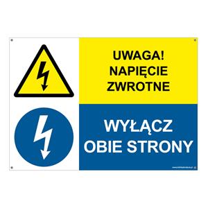 UWAGA NAPIĘCIE ZWROTNE - WYŁĄCZ OBIE STRONY, ZNAK ŁĄCZONY, płyta PVC 2 mm z dziurkami, 297x210 mm