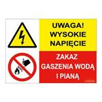 UWAGA! WYSOKIE NAPIĘCIE... - ZAKAZ GASZENIA WODĄ I PIANĄ, ZNAK ŁĄCZONY, płyta PVC 1 mm, 297x210 mm