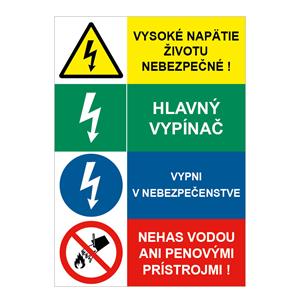 Vysoké napätie-Hlavný vypínač-Vypni v nebezpečenstve-Nehas vodou, kombinácia, samolepka 210x297mm