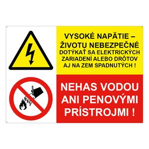 Vysoké napätie-životu nebezpečné-Nehas vodou ani penovými, kombinácia, plast 2mm s dierkami-210x148mm