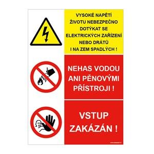 VYSOKÉ NAPĚTÍ (DRÁTY)-NEHAS VODOU-VSTUP ZAKÁZÁN s dírkami, plast 2 mm A4