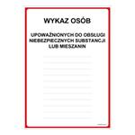 WYKAZ OSÓB UPOWAŻNIONYCH DO OBSŁUGI NIEBEZPIECZNYCH SUBSTANCJI LUB MIESZANIN NA MAGAZYNIE, płyta PVC 2 mm, 210x297 mm