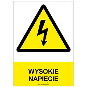 WYSOKIE NAPIĘCIE - znak BHP z dziurkami, płyta PVC A4, 2 mm