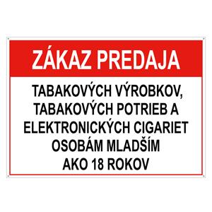 Zákaz predaja tab.výr, potrieb a el. cigariet os. ml. 18 - bezpečnostná tabuľka, pl. dierkami 2 mm, A4