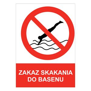 ZAKAZ SKAKANIA DO BASENU - znak BHP, naklejka A4