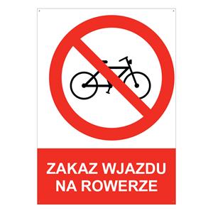 ZAKAZ WJAZDU NA ROWERZE - znak BHP z dziurkami, płyta PVC A5, 2 mm